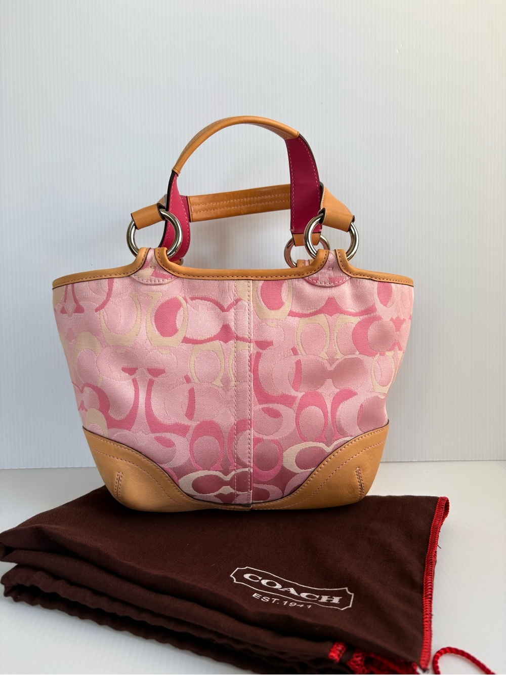 Vintage Coach Soho Y2K Pink Optic Signature Jacquard /Tan Leather EUC - Picture 10 of 16